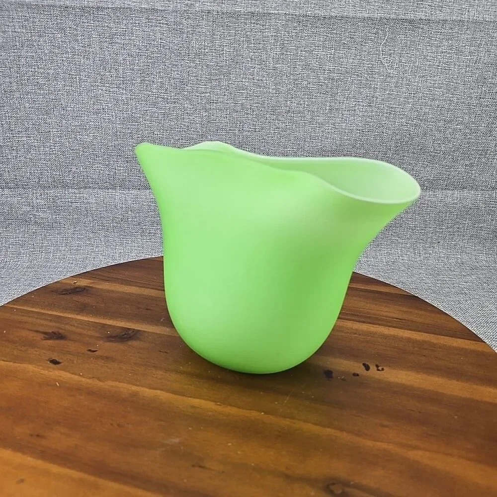 Pottery‎ Barn Frosted Green glass fan vase 7.5” large Abstract Modern